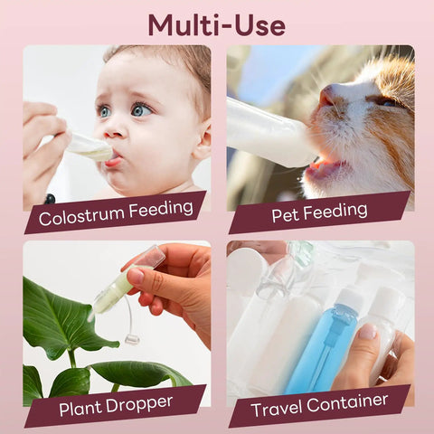 Mom Life Savior Colostrum Collector Kit 5 Ml 6 Piece Pack showing multiple uses: feeding baby, pet, plant dropper, and travel container.