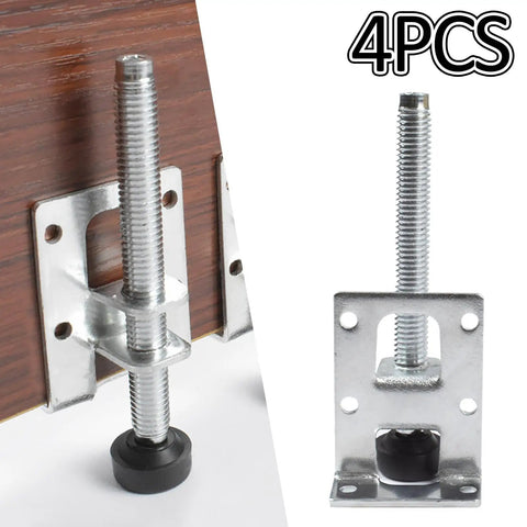 Four Piece L Shaped Adjustable Leveling Feet For Furniture With Lock Nuts Metal Mount And Rubber Base 102mm Bolt Floor Safe Built Tough For Cabinets Tables And Workbenches, 4PCS metal bracket with rubber base