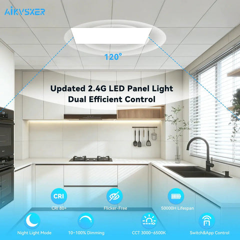 1 Pack 2x4 LED Flat Panel Light 70W 7700LM Recessed Ceiling Fixture in modern kitchen, featuring smart app and switch control, CCT 3000K-6500K.