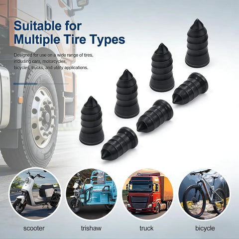 70 Piece Tire Repair Kit With Dual Size Rubber Nails for car, truck, motorcycle punctures, shown with images of vehicle use