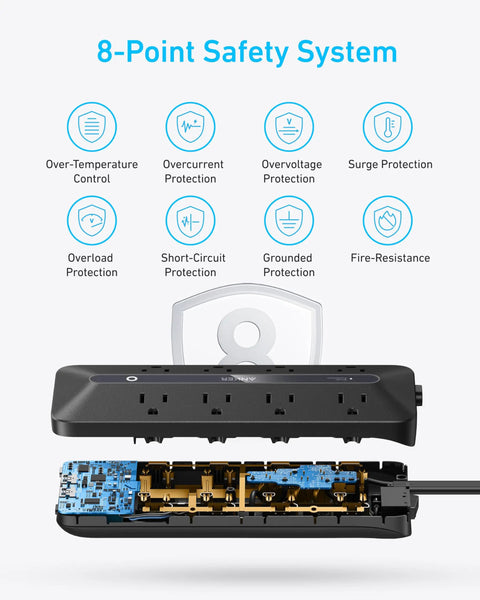 12 In 1 Power Strip With 900J Surge Protector And 35W Max Charging, 2 USB C Ports, 2 USB A Ports, And 8 AC Outlets For Home Office, Desk, And Travel Setups, 8-point safety system