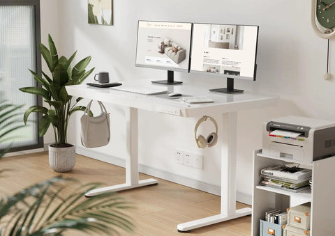 Glass Top Standing Desk With Drawers, 48x24 Inch Adjustable Sit-Stand Desk With Electric Height Lift, white desk in home office