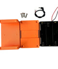 Kick Ass Solid Orange PETG Battery Case Kit For Tr Usdx Transceiver Packs with screws and wiring for assembly.