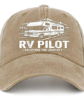 RV Traveler Cap For Road Trips And Camper Vacations, Pilot Style Trucker Hat With Golf Vibe, front view showing RV design