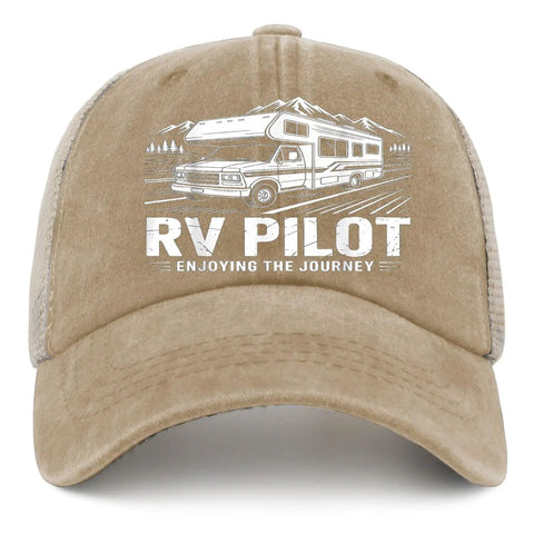 RV Traveler Cap For Road Trips And Camper Vacations, Pilot Style Trucker Hat With Golf Vibe, front view showing RV design