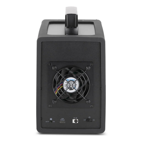 Heavy Duty Aluminum 5 Bay USB4 40Gbps External Drive Enclosure With Silicone Grip Sleeve back view showing fan and ports.