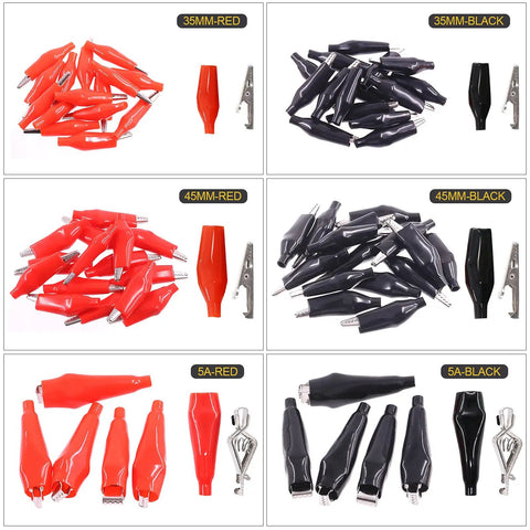108 Piece 10 Type Metal Alligator Clip Clamp Kit With Red And Black Crocodile Clips, Protective Insulation Covers, 45mm And 53mm Sizes, Heavy Duty Test Clamps And Connectors For DIY And Professional Electrical Work, shown with red and black clamps, different sizes labeled 35mm, 45mm, and 5A.