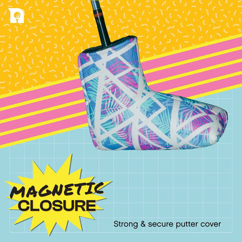 Magnetic Blade Putter Cover With Fleece Lining, Water Resistant Golf Headcover, Funky Zigzag Design. Yellow and blue background.