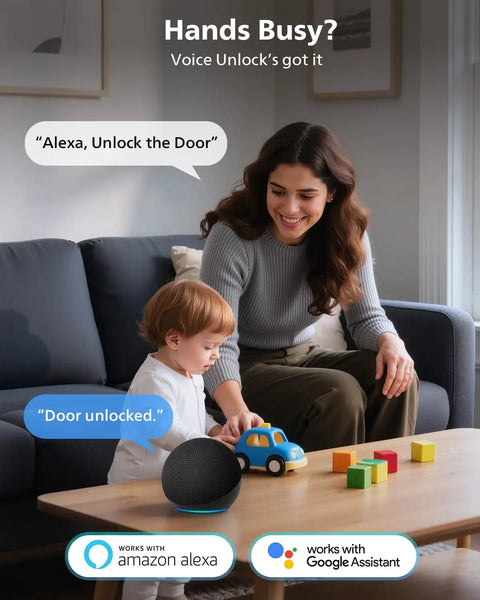 Wifi Smart Deadbolt Lock Set With Two Lever Handles And Keypad Front Door Upgrade Level Up Your Home Security With This No Fuss Install And Reliable Remote Access For Everyday Grind in use with a child and smart speaker.