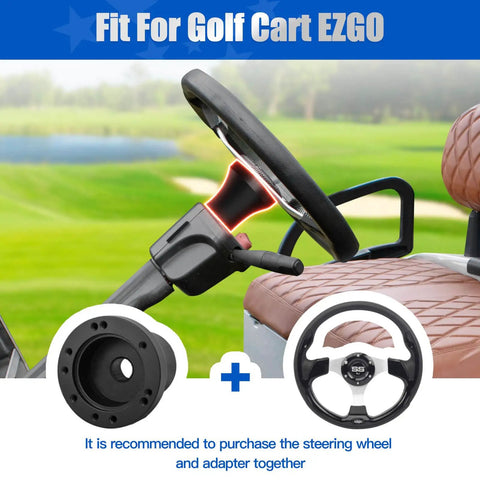 Slick Black Steering Wheel Adapter For EZGO TXT And RXV Golf Carts attached to steering column in golf cart interior.