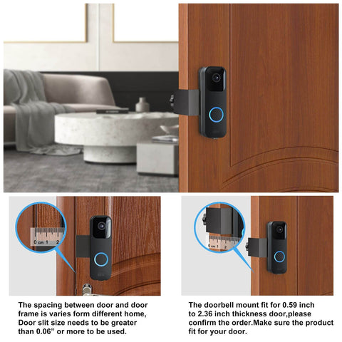 Anti Theft Adhesive Doorbell Mount Bracket For Video Doorbell No Drilling, shown on wooden door, measures thickness for fit.