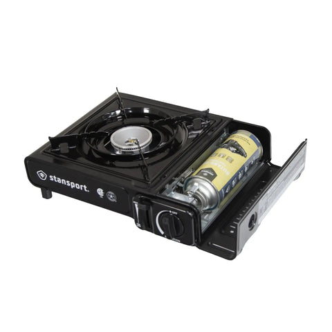 Portable Outdoor Butane Stove For Camping And Catering On The Go With Electronic Ignition Ultra Quiet One Burner Cooker In Black Includes Hard Case Works With 8 Oz Butane Canisters For BBQs shown with butane canister inserted