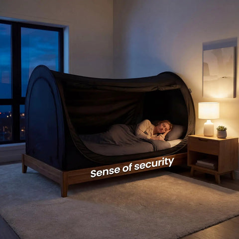 Privacy Bed Tent Pop Up Sleep Pod With 360 Degree Privacy And 80 Percent Light Blocking Breathable Mesh Canopy on bed