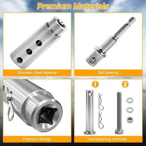Badass Trailer Jack Drill Adapter Featuring Half Inch Square Drive Compatible With Power Drills And Heavy Duty Ratchets - stainless steel design and ball bearing details