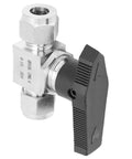304 stainless steel needle valve with black knurled knob, side view, two-way flow control.