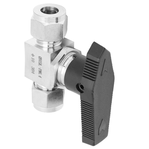304 stainless steel needle valve with black knurled knob, side view, two-way flow control.