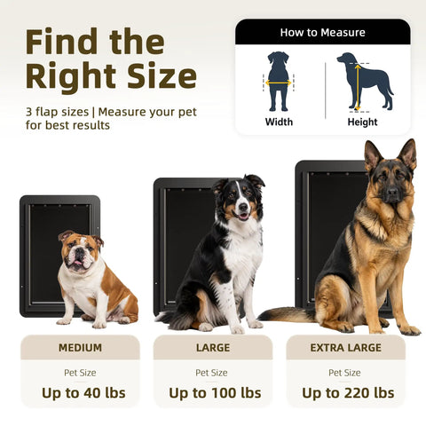 Find the right size for Heavy Duty Medium Wall Mount Dog Door With Triple Flap Insulated Barrier to suit various dog weights.