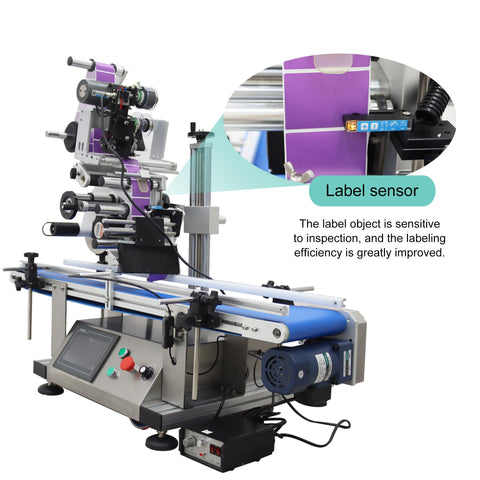 Automatic Flat Labeling Machine With High Speed Printer Desktop Conveyor Labeler Touchscreen Control 110V using a label sensor for precise applications.