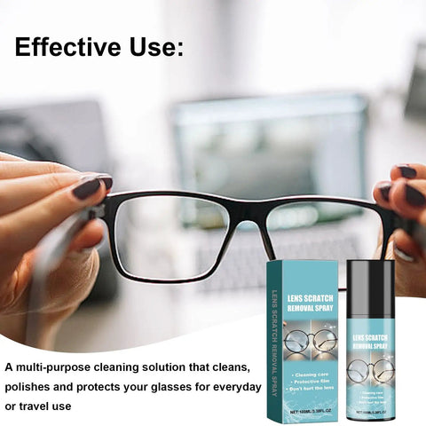 Easy On The Go Eyeglass Scratch Repair Kit With Cleaning Solution And Lens Polish, rectangular spray bottle and box with glasses