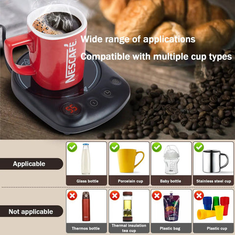 Always Keep Your Daily Grind Nice And Toasty With This Electric Coffee Mug Warmer Featuring Five Heat Settings Plus A Sleek Touch Pad Auto Shut Off Keeps Your Office Setup Secure showing a red cup on a warmer.