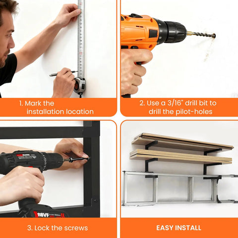 Heavy-Duty Wall Mounted Lumber Rack, Beefy Three-Tier Garage Shelf And Shop Wood Organizer, Rock Solid 500 Lb Capacity To Store Firewood And Metal Pipes, Black Two Pack Space Saver