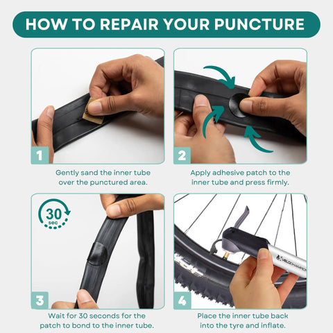 Steps to use Bike Puncture Repair Kit With Self Adhesive Tire Patches For Road MTB BMX And EBikes Travel Size Patch Kit