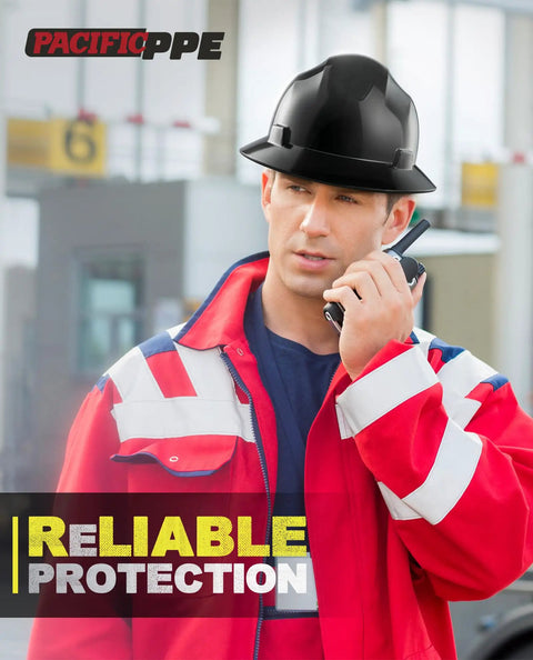Construction worker wearing Full Brim Hard Hat For Construction OSHA Certified And ANSI Z89 Type 1 Class E G C Black Protective Safety Helmet.