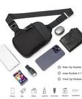 Mini Crossbody Sling Bag For Men And Women, black waterproof bag with 2 inch strap, surrounded by phone, wallet, and keys