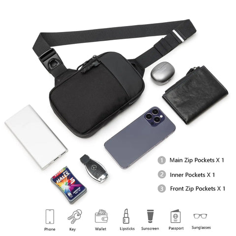 Mini Crossbody Sling Bag For Men And Women, black waterproof bag with 2 inch strap, surrounded by phone, wallet, and keys