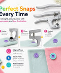 Snaps And Snap Pliers Set With 375 T5 Plastic Button Sets For Sewing And Crafting, 24 Color Variants, Pliers Fit 16 20 And 24 Snap Sizes T3 T5 T8, Perfect For Beginners And Pros illustration showing usage steps