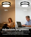 Ultra Bright 24W LED Ceiling Light Fixture 10 Inch Flush Mount For Bedroom Kitchen Bathroom Hallway Laundry Room 2200 Lumens 5000K Daylight White Easy Install Fire Resistant And Overload Protected Home Upgrade shown with adjustable brightness settings at 50% and 100%.