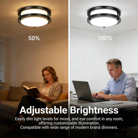 Ultra Bright 24W LED Ceiling Light Fixture 10 Inch Flush Mount For Bedroom Kitchen Bathroom Hallway Laundry Room 2200 Lumens 5000K Daylight White Easy Install Fire Resistant And Overload Protected Home Upgrade shown with adjustable brightness settings at 50% and 100%.