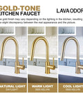 Brushed Gold Kitchen Faucet With Pull Down Sprayer Solid Brass Construction Single Hole Mount With Deck Plate One Handle No Fuss Setup Reach Technology And Flexible Swivel Hose For Easy Sink Access in natural, warm, and cool lighting conditions.