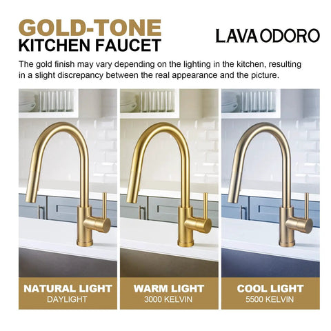 Brushed Gold Kitchen Faucet With Pull Down Sprayer Solid Brass Construction Single Hole Mount With Deck Plate One Handle No Fuss Setup Reach Technology And Flexible Swivel Hose For Easy Sink Access in natural, warm, and cool lighting conditions.