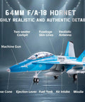 64mm F18 Hornet EDF RC Jet Fighter Aircraft PNP, highlighting cockpit, machine gun, air intake, and realistic details.