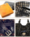 All In One Leather Rivet Kit With 480 Sets Double Cap Tubular Metal Studs shown on wallet, belt, boots, and handbag decoration
