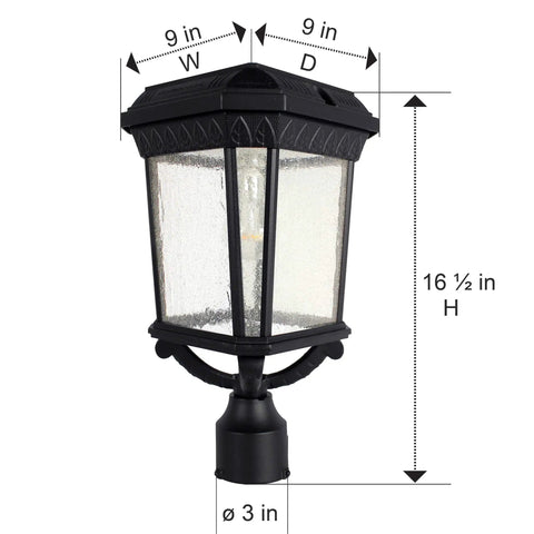 Front view of Dope Solar Post Light In Black Cast Aluminum With Seeded Glass For Outdoor Use Single Lamp With 3 Inch Fitter
