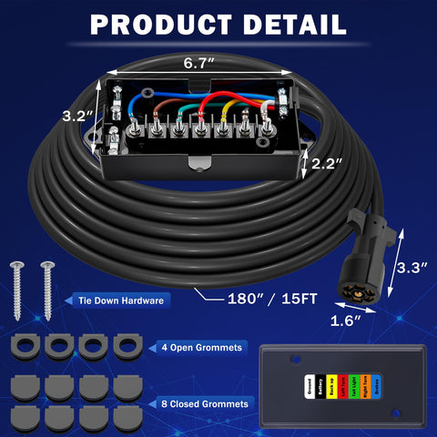Heavy Duty 15 Ft Trailer Wiring Harness Kit With 7 Way Cord, 7 Pin Plug And Junction Box features and measurements