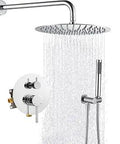 Brass Round Shower System With Wall Mounted Chrome Finish And 12 Inch Rainfall Head, 2 In 1 Handheld Shower, Rough In Valve Kit
