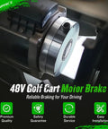 MUMPPRCE 48V golf cart motor brake mounted on EZGO RXV motor, chrome circular housing (side view).