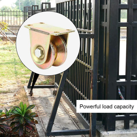 Close-up of Baxnore V Groove wheel with 45 steel wheel on mounting bracket for sliding door track.