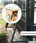 Beefy 45 Steel V Track Sliding Gate Rollers Set Heavy Duty Industrial Gate Guide Wheels installed on a metal gate