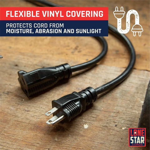 Heavy Duty 100 Ft Indoor Outdoor Extension Cord 16 AWG 3 Prong SJTW Weatherproof Cable on wooden surface
