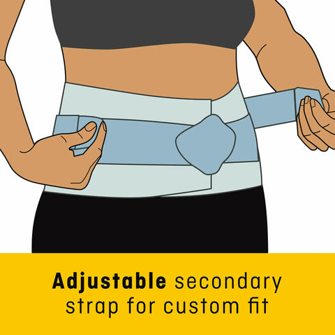 Illustration of woman using All Day Back Support For Women Adjustable Fit With Contoured Comfort, low profile silhouette.