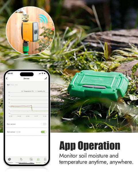 WiFi Soil Moisture Sensor Add-On For Smart Irrigation - Compatible With TTV103WRF And TTV203WRF Sprinkler Timers And TWG004WRF Hub - One Sensor Per Zone - Easy Setup - Real Time Readouts - Weather Resistant Moisture Tester For Yard Or Garden, green sensor in garden with app readout
