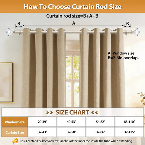 Size chart for adjustable curtain rod set for windows 20 to 53 inches and telescoping 32 to 58 inch splice rod with finials.