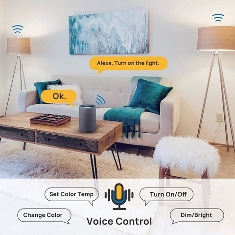 Living room showing Smart WiFi LED Bulbs 6 Pack RGBW Color Changing Dimmable A19 60W Equivalent No Hub Needed with voice control