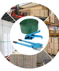 Heavy Duty Strapping Machine With 1000N Tension And 400Kg Break Strength with green straps and blue tool for securing pallets.