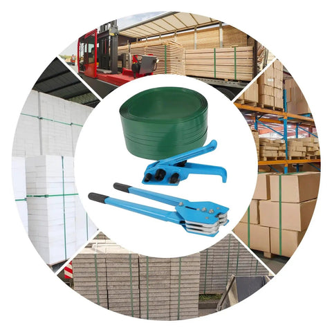 Heavy Duty Strapping Machine With 1000N Tension And 400Kg Break Strength with green straps and blue tool for securing pallets.