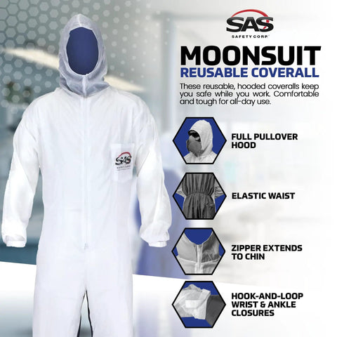 Moonsuit Nylon And Cotton Work Coveralls With Hood Full Zip Front Elastic Waist And Pockets Breathable Back Ripstop Nylon Front